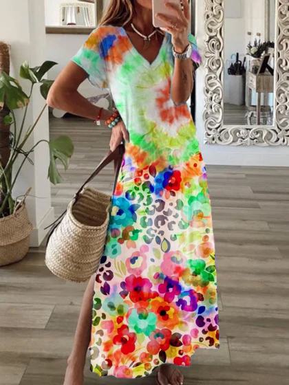 V-neck Casual Loose Printed Short Sleeve Maxi Dress