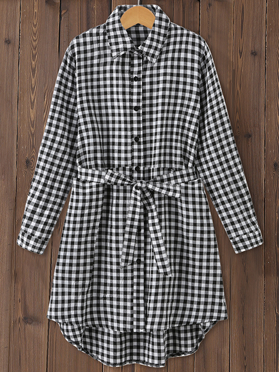 Loose Casual Check Print Long Sleeve Short Dress