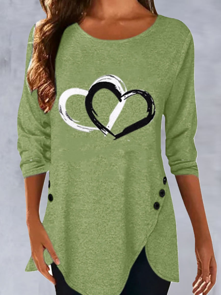 Round Neck Heart Print Chic Casual Long Sleeve T-shirt