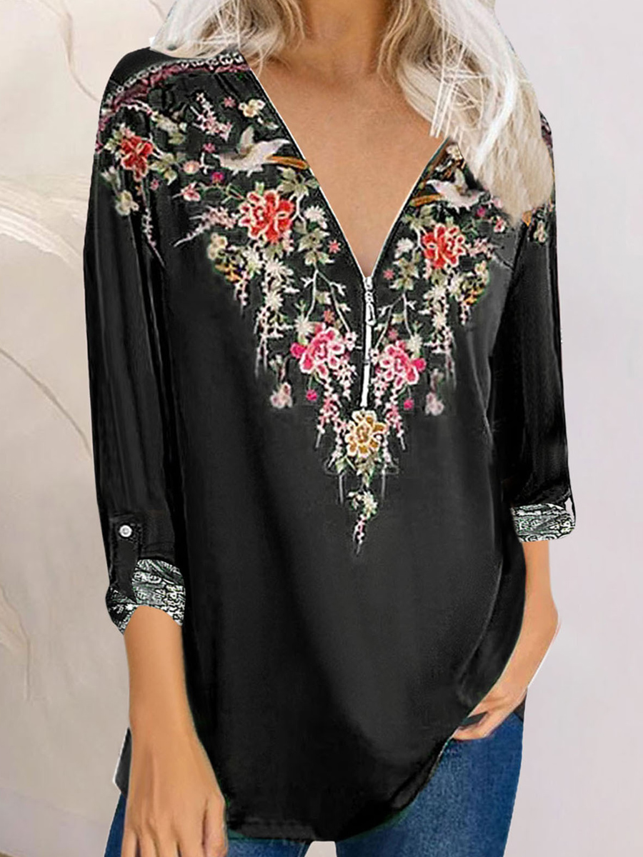 V neck Zip Print Loose Casual Long Sleeve Blouse