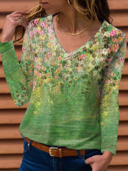 V-neck Floral Print Loose Casual Long Sleeve T-shirt
