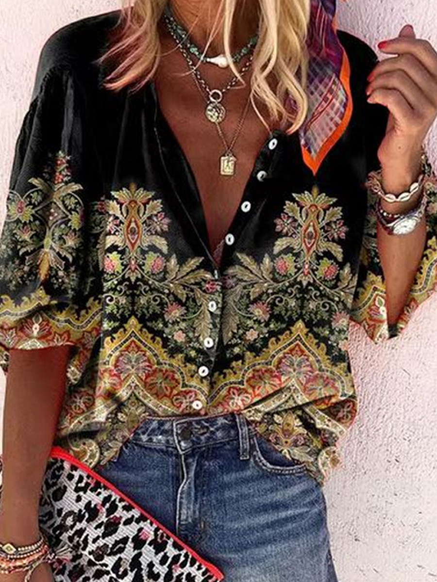 Casual Loose Floral Print Short Sleeve Blouse