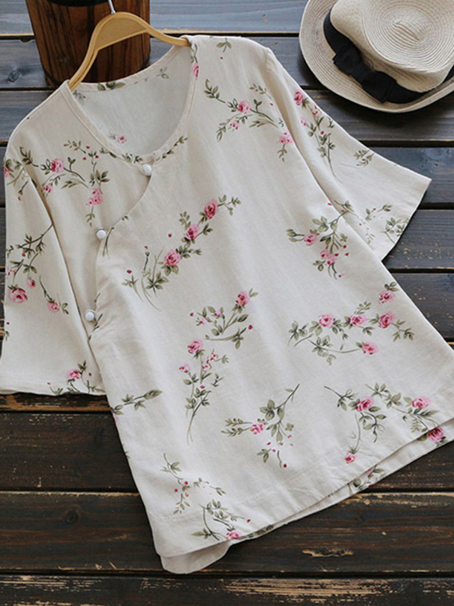Ethnic Floral Print Short sleeved Blouse