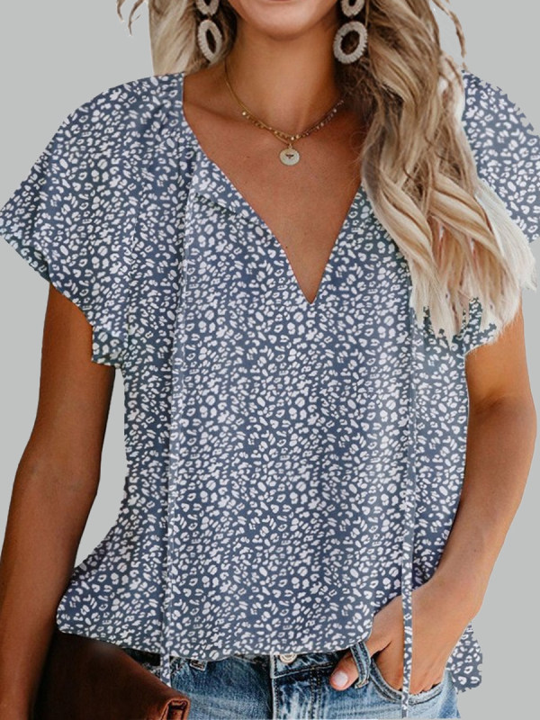 Floral Casual V-Neck Loose Short Sleeve Blouse