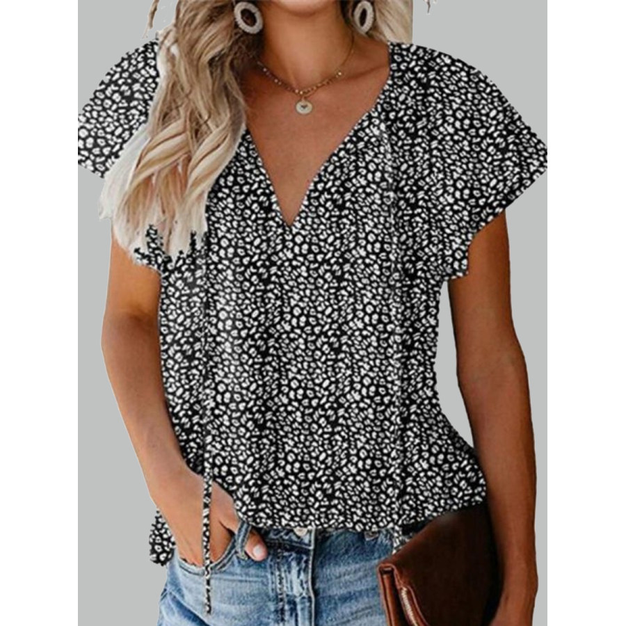 

Blusa Floral Casual Com Decote Em V Solta Manga Curta