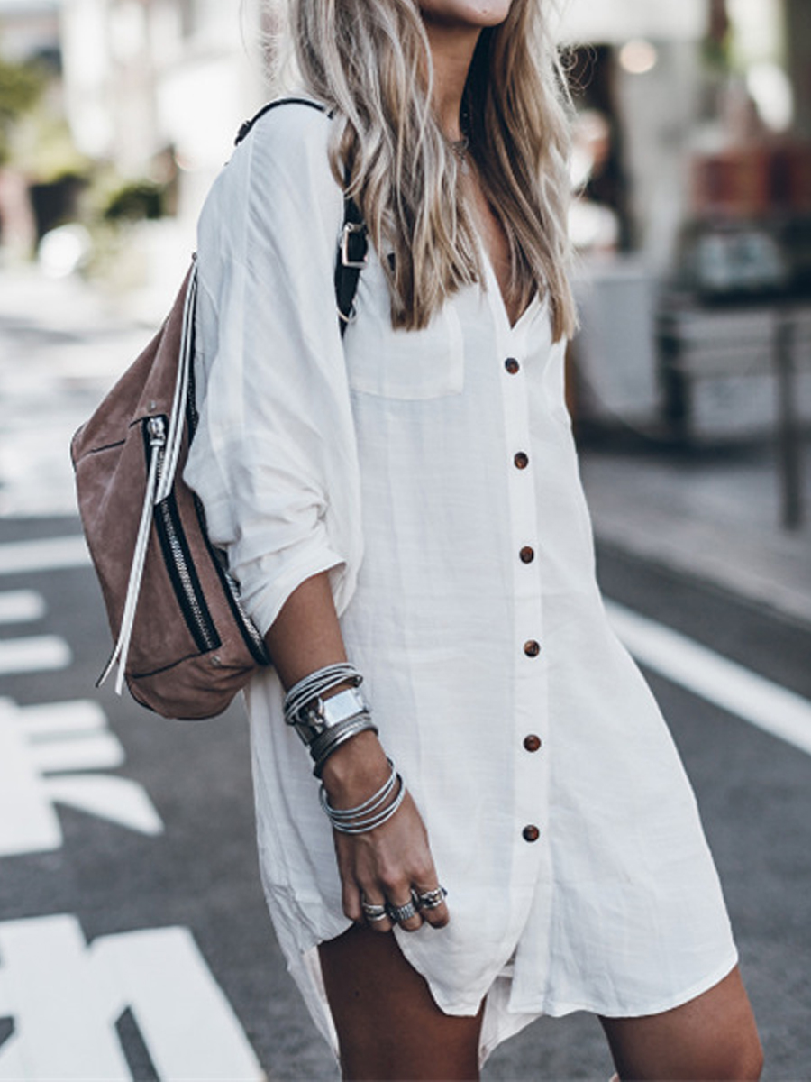 Loose Casual Solid Color Lapel Long Sleeve Shirt