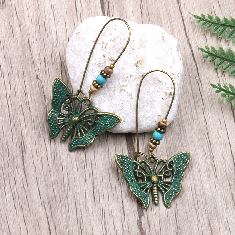 Antique Metal Butterfly Long Earrings
