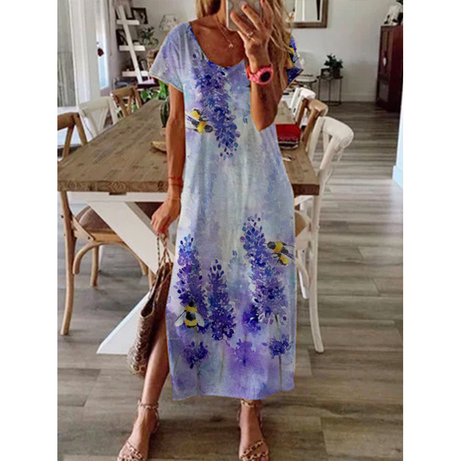 

Casual Loose Print Crew Neck Short Sleeve Slit Maxi Dress