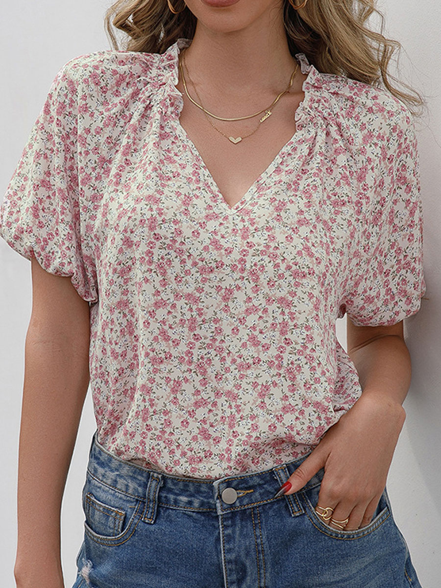 V neck Floral Print Casual Short sleeved Blouse
