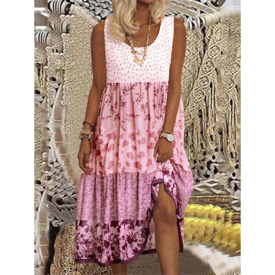 

Casual Loose Floral Print Panel Sleeveless Midi Dress