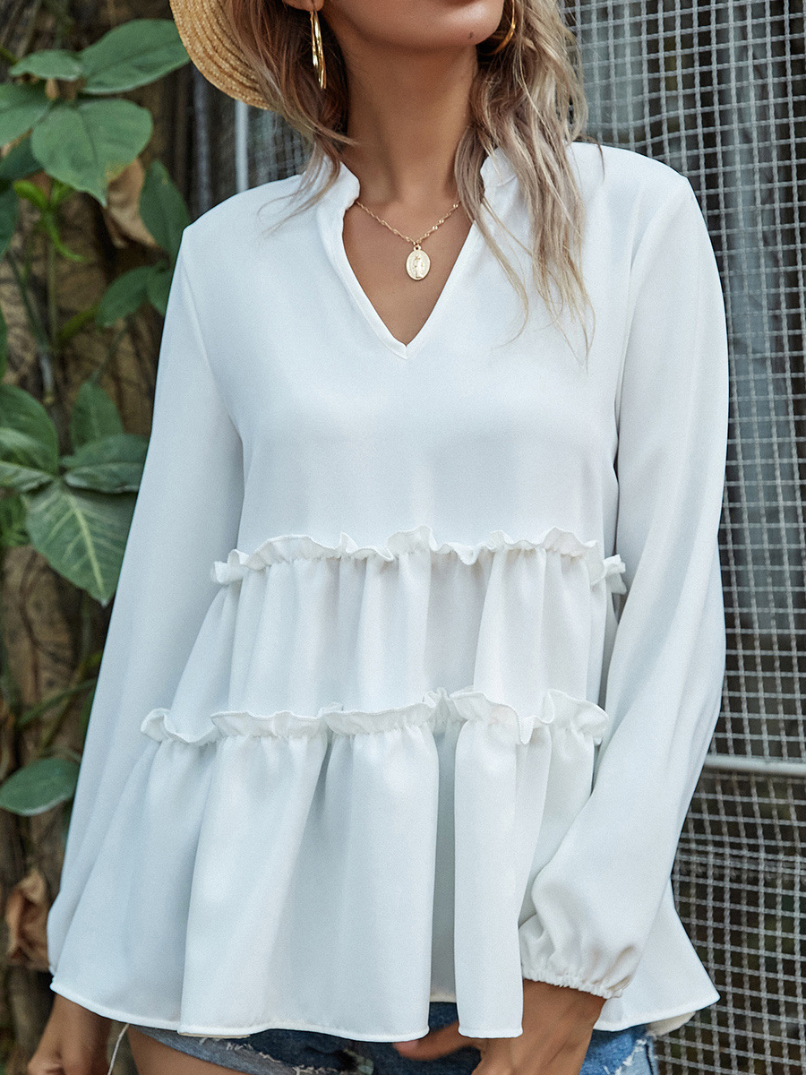 V neck Casual Loose Solid Color Long sleeved Blouse