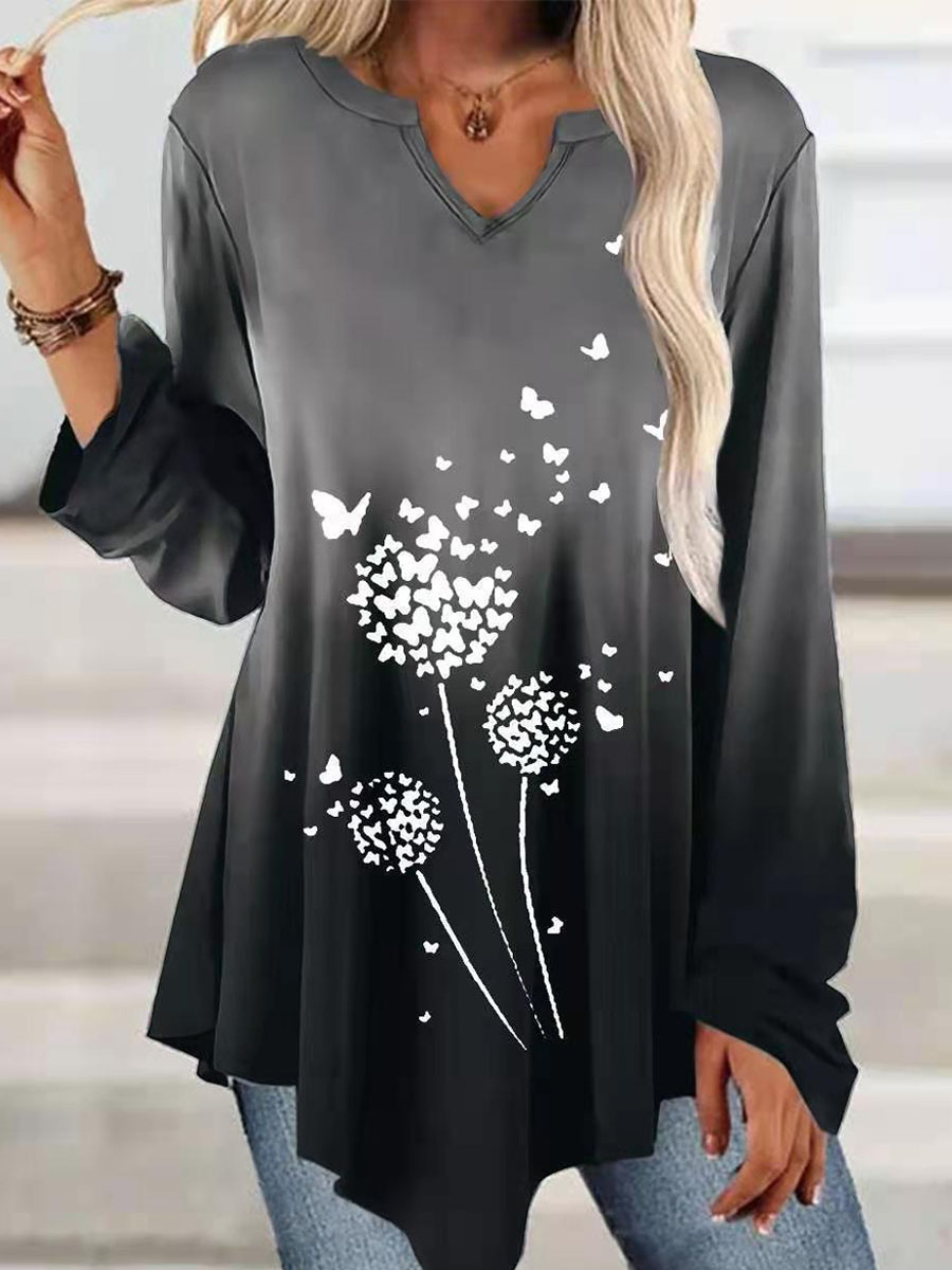 V neck Gradient Print Casual Long Sleeve T shirt