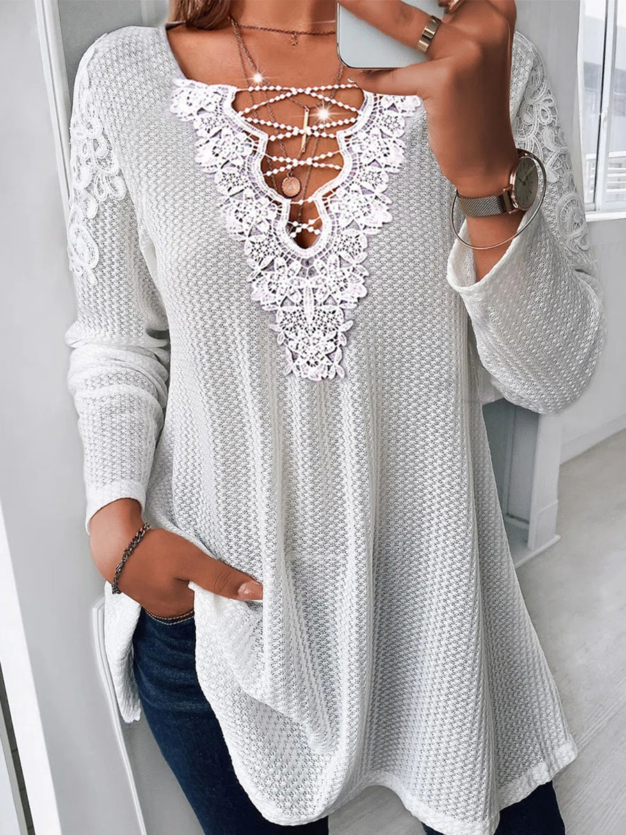V neck Lace Panel Casual Long Sleeve T shirt