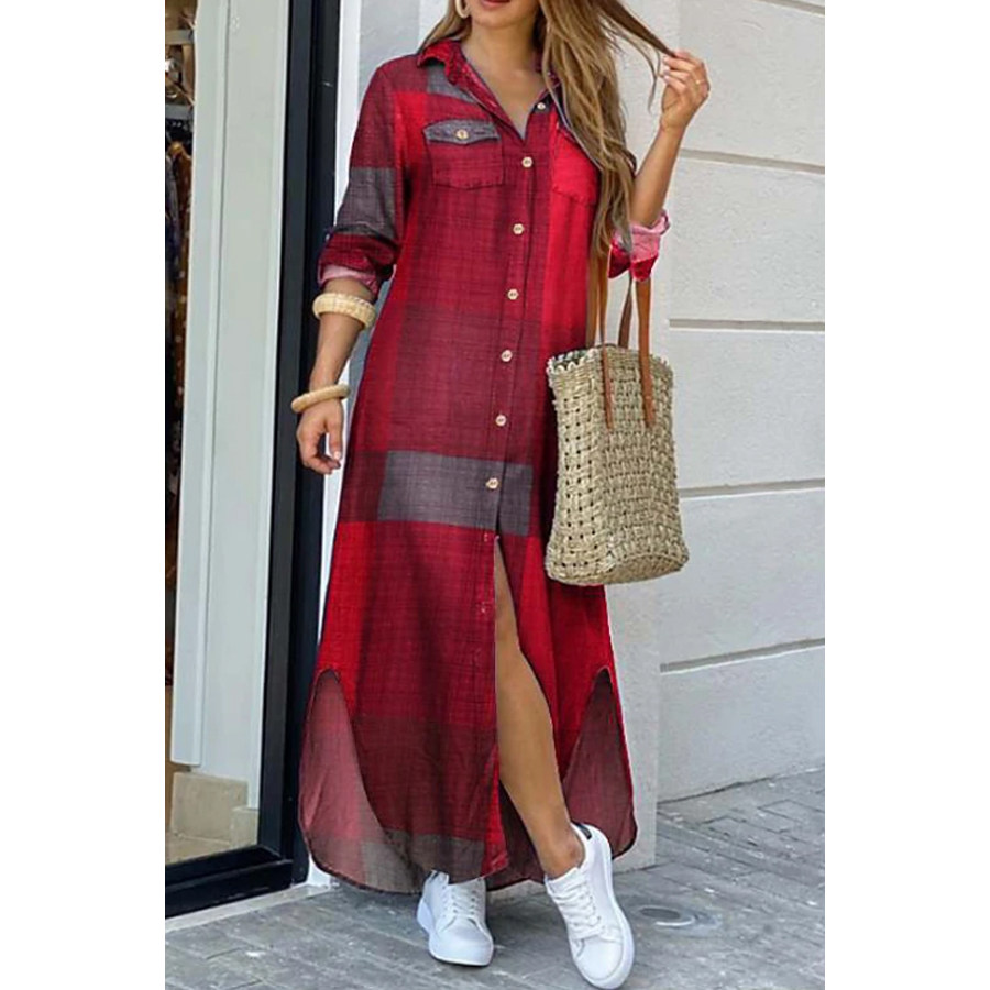 

Loose Casual Check Color Check Shirt Long Dress