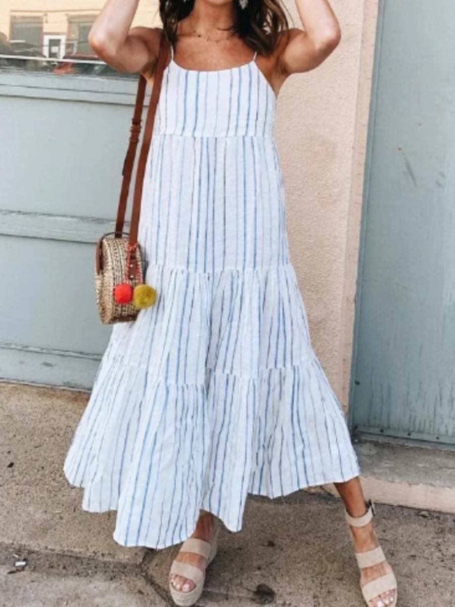 Loose Casual Striped Print Slip Dress Maxi Dress