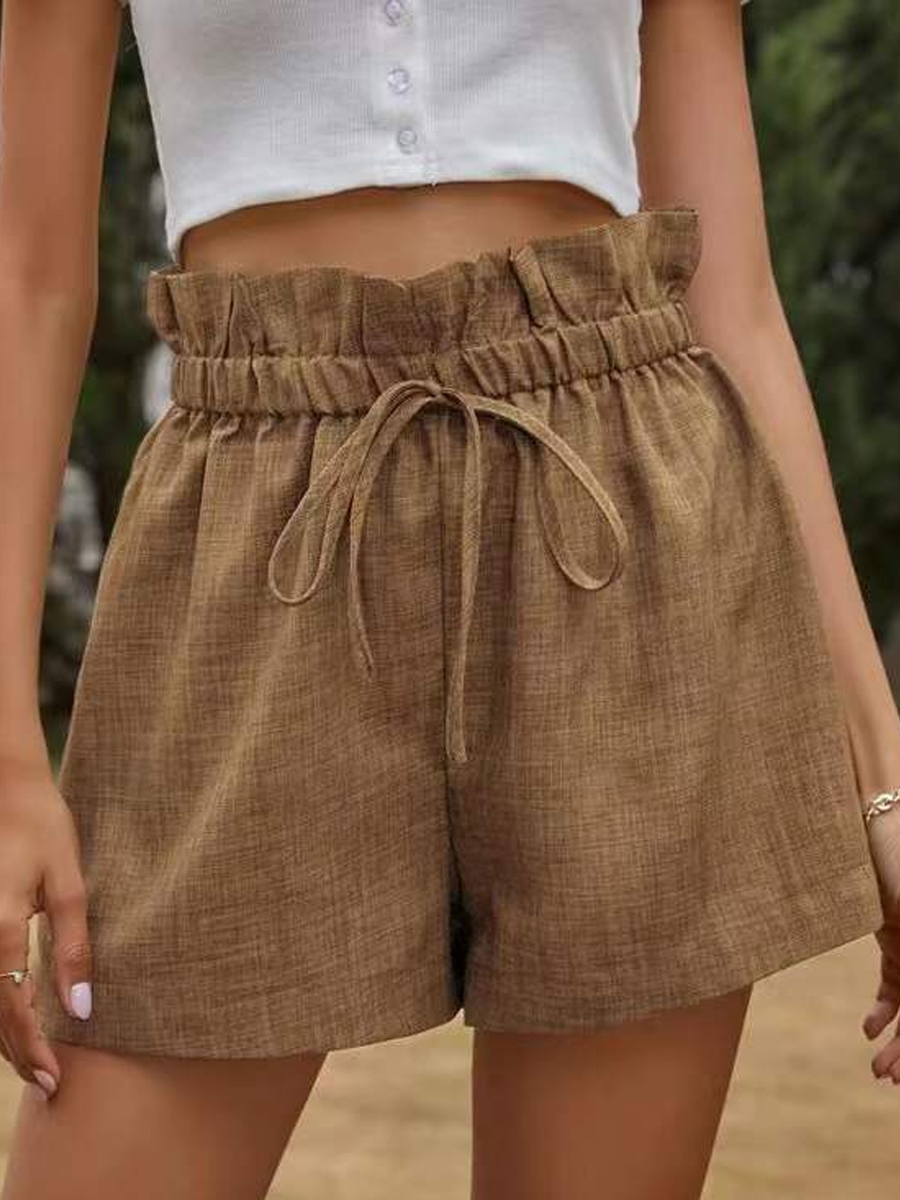 Casual Solid High Waist Tie Loose Shorts