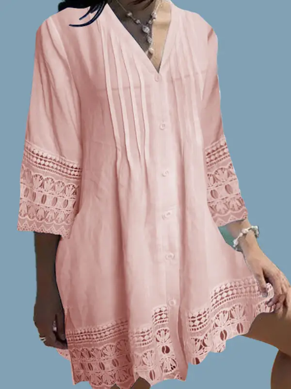 V-neck Lace Panel Loose Casual Long Sleeve Short Dress - Amikiss.com 