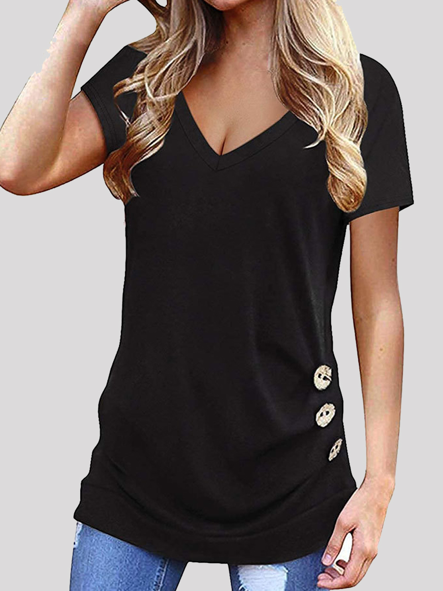 Casual Solid Color Button Embellished V Neck Short Sleeve T Shirt