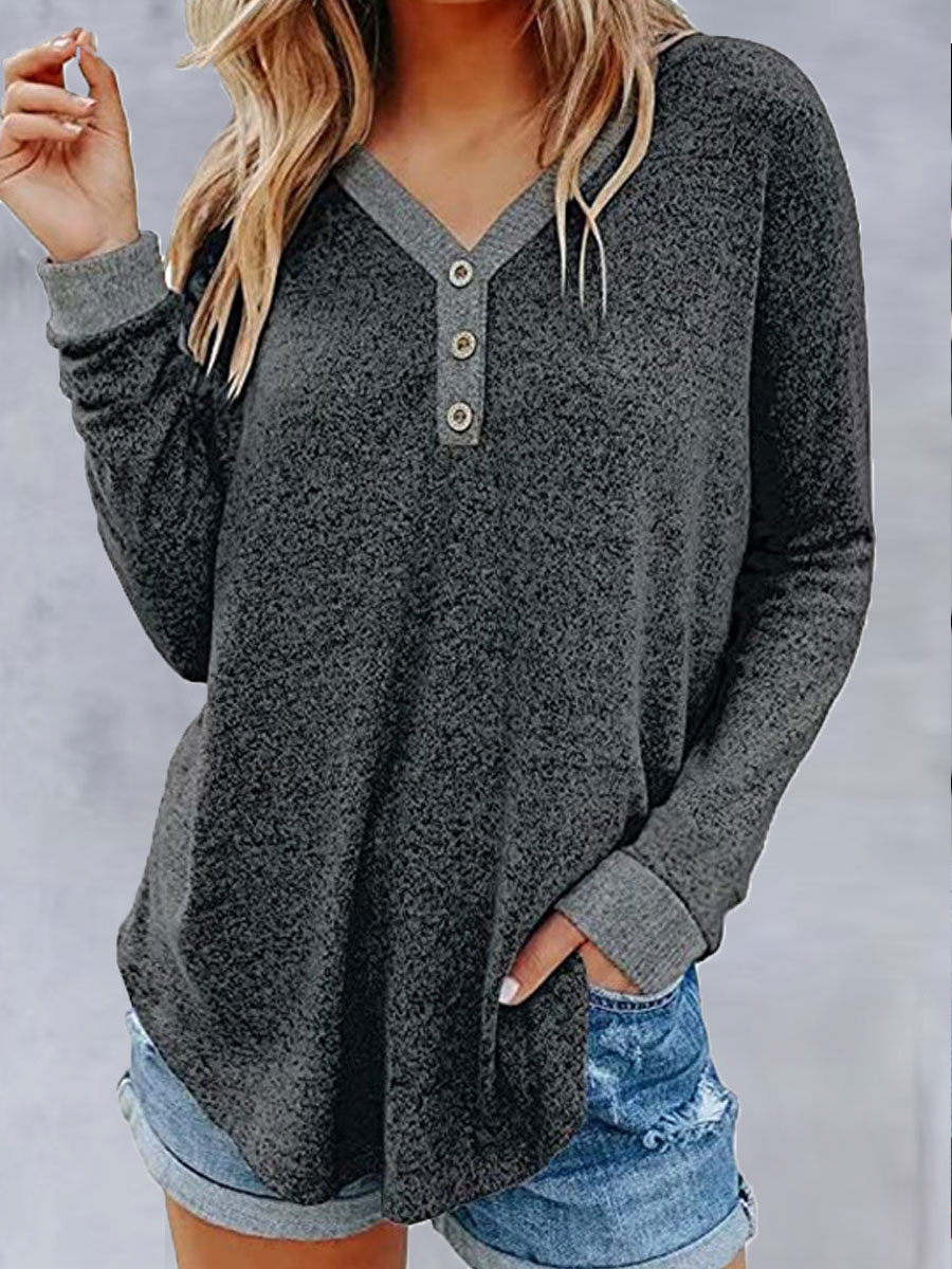 V neck Loose Casual Panel Long Sleeve T shirt