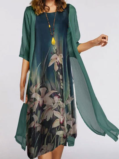 Round Neck Loose Casual Floral Print Suit Midi Dress