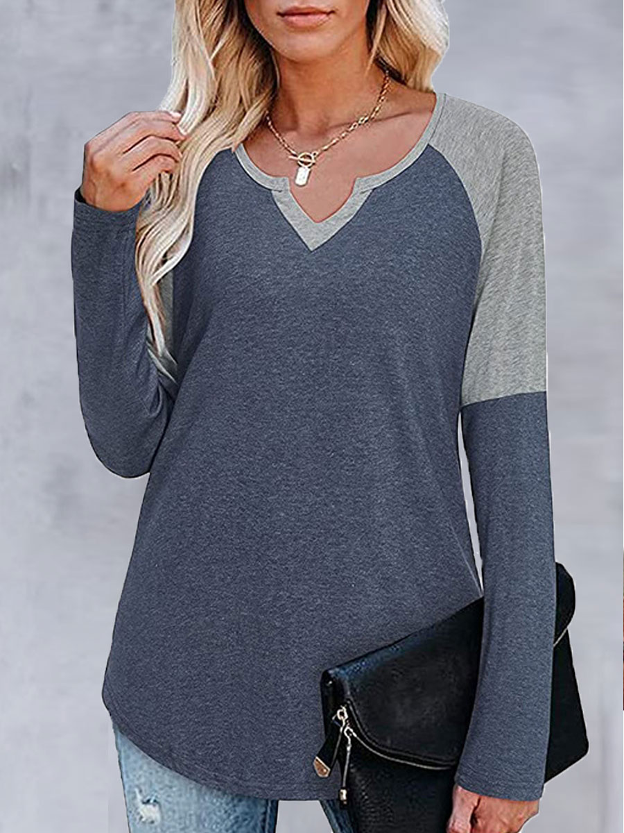 V neck Loose Casual Panel Long Sleeve T shirt