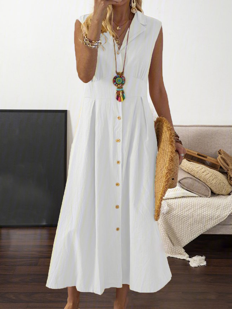 Vintage Casual Solid Color Lapel Sleeveless Waist Maxi Dress