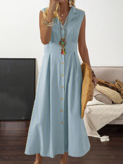 Vintage Casual Solid Color Lapel Sleeveless Waist Maxi Dress