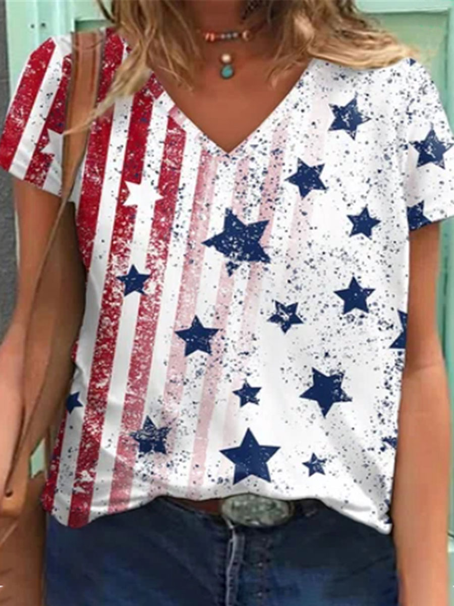 V neck Loose Casual Striped Print Short Sleeve T shirt
