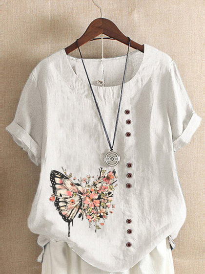 Round Neck Casual Loose Butterfly Print Short Sleeve Blouse