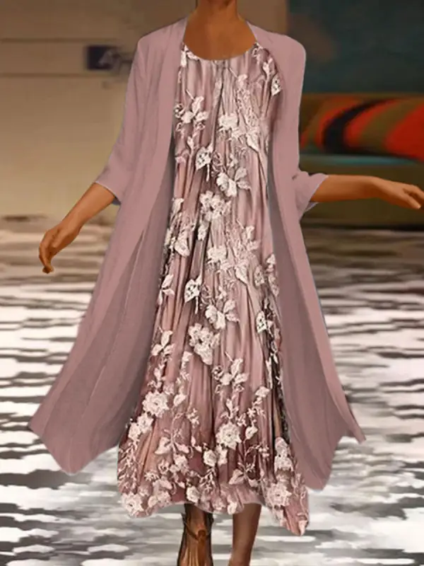Round Neck Casual Loose Floral Print Suit Maxi Dress - Minicousa.com 