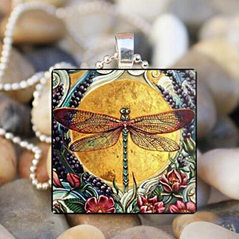 Vintage Casual Dragonfly Time Gemstone Square Necklace Pendant