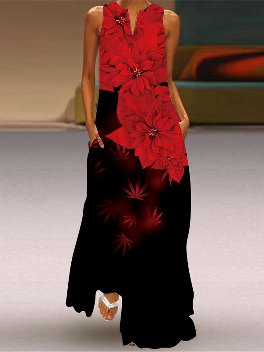 Casual Vintage Floral Print V Neck Sleeveless Maxi Dress