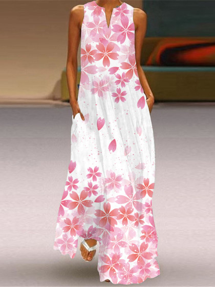 Casual Vintage Floral Print V-Neck Sleeveless Maxi Dress