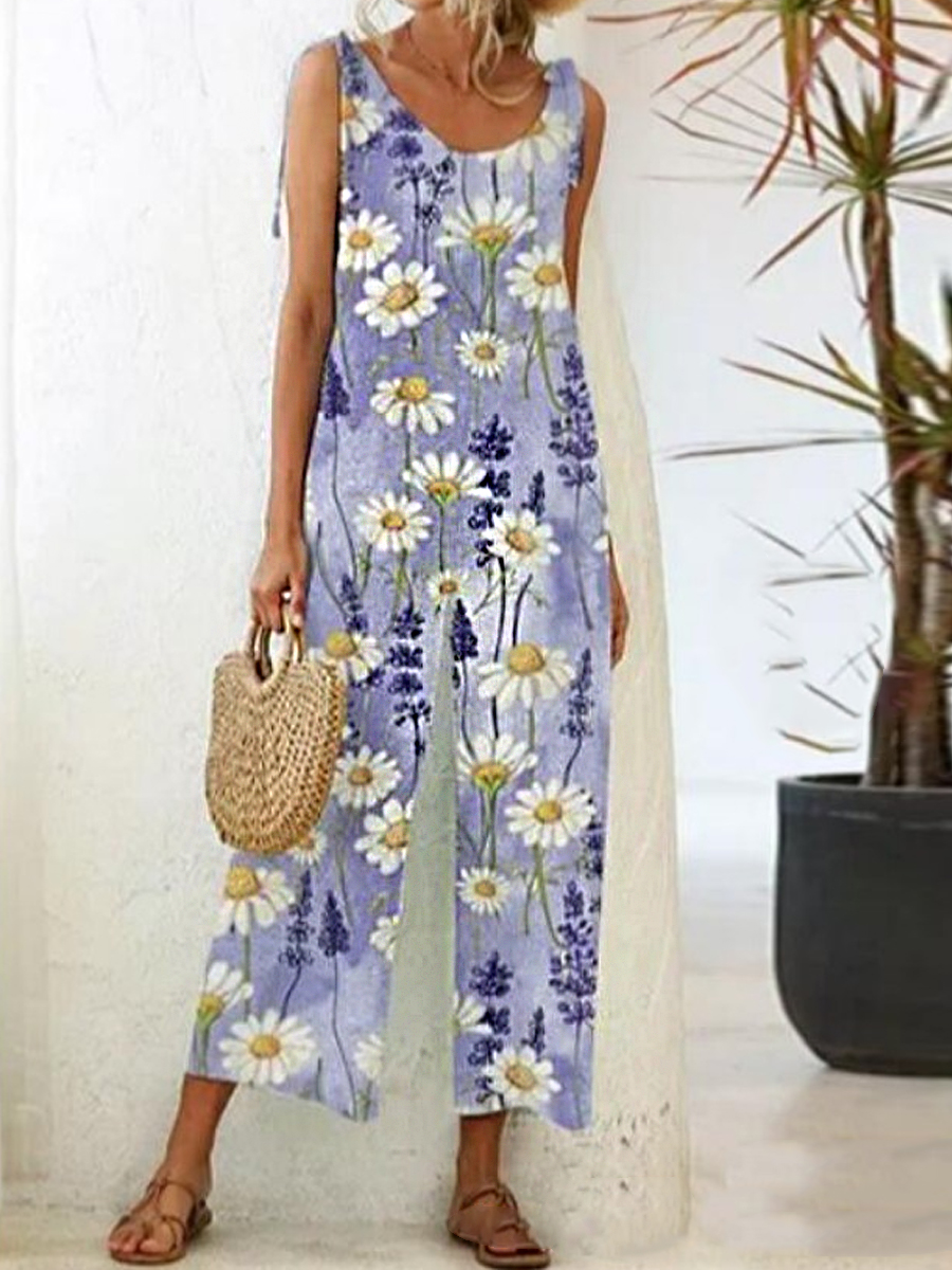 Loose Casual Floral Print Bib Jumpsuit