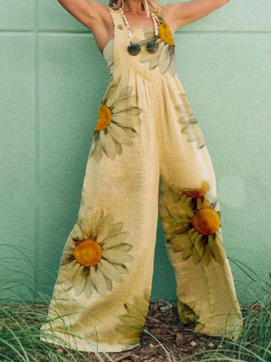 Casual Loose Floral Print Bib Long Wide Leg Jumpsuit