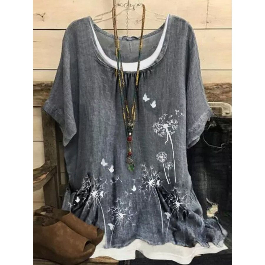 

Loose Dandelion Print Pocket Crew Neck Short Sleeves Fake Two Piece Blouse