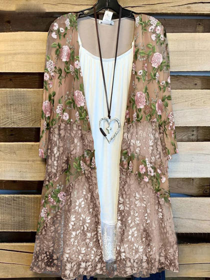 Loose Slouchy Floral-print Lace-paneled Long-sleeve Cardigan