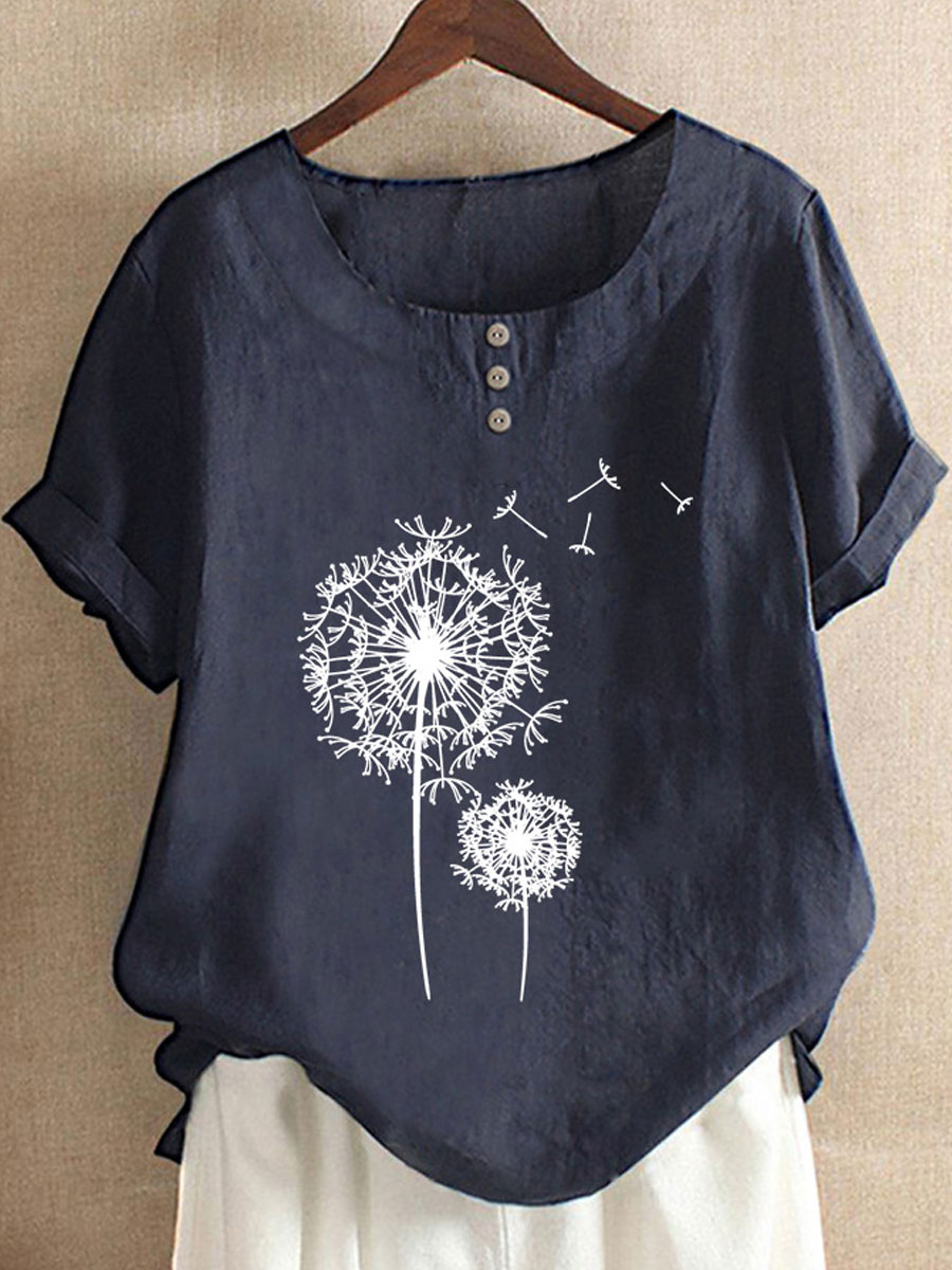 Round Neck Casual Loose Dandelion Print Short Sleeve Blouse