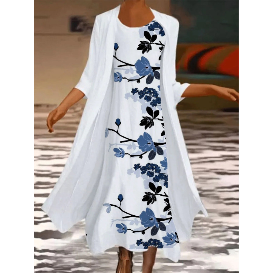 

Casual Floral Print Crew Neck Two-Piece Maxi Dress