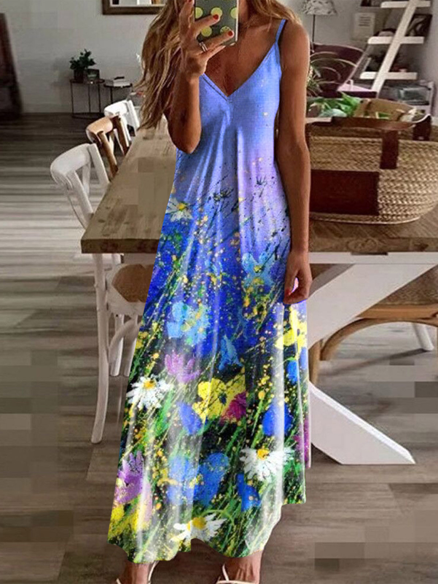 Casual Floral Print V Neck Sleeveless Maxi Dress