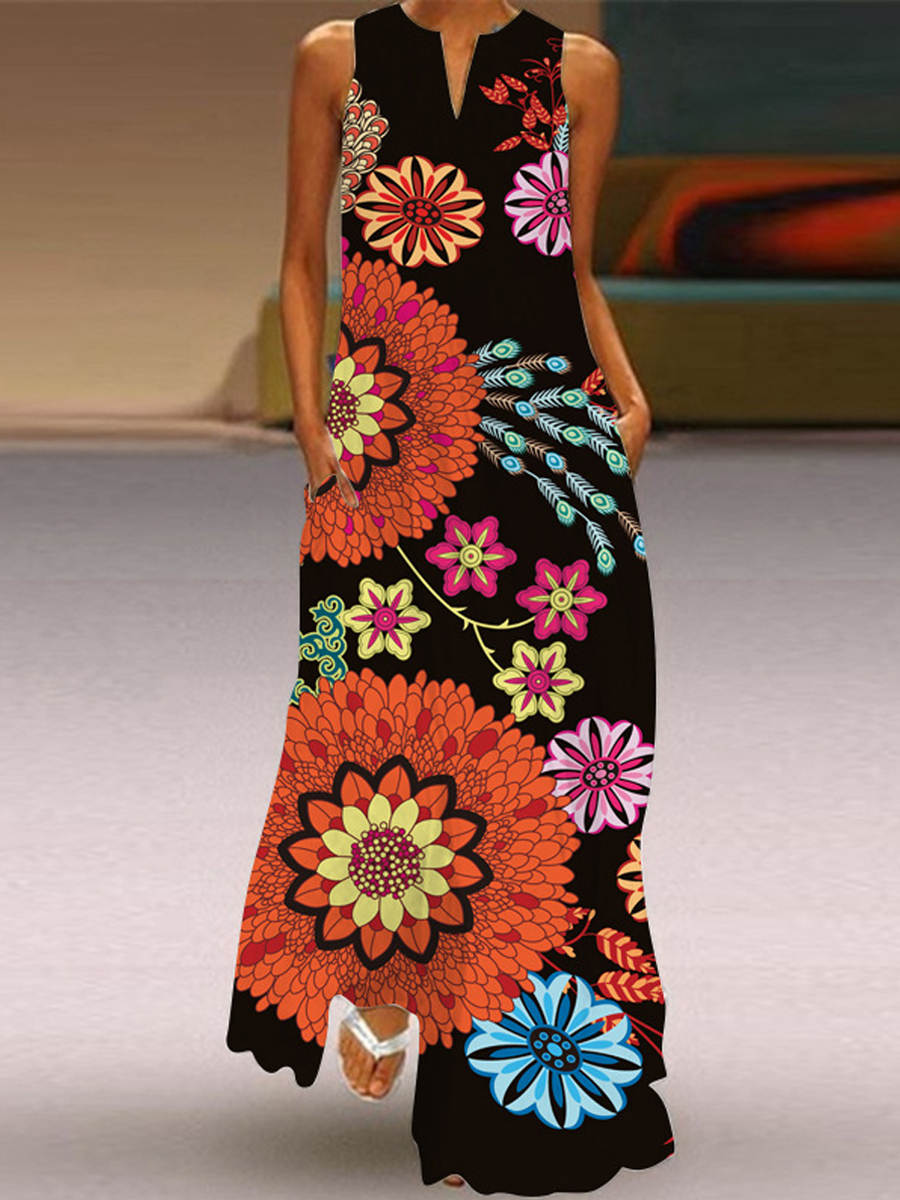 Loose Casual Vintage Print Sleeveless V Neck Maxi Dress