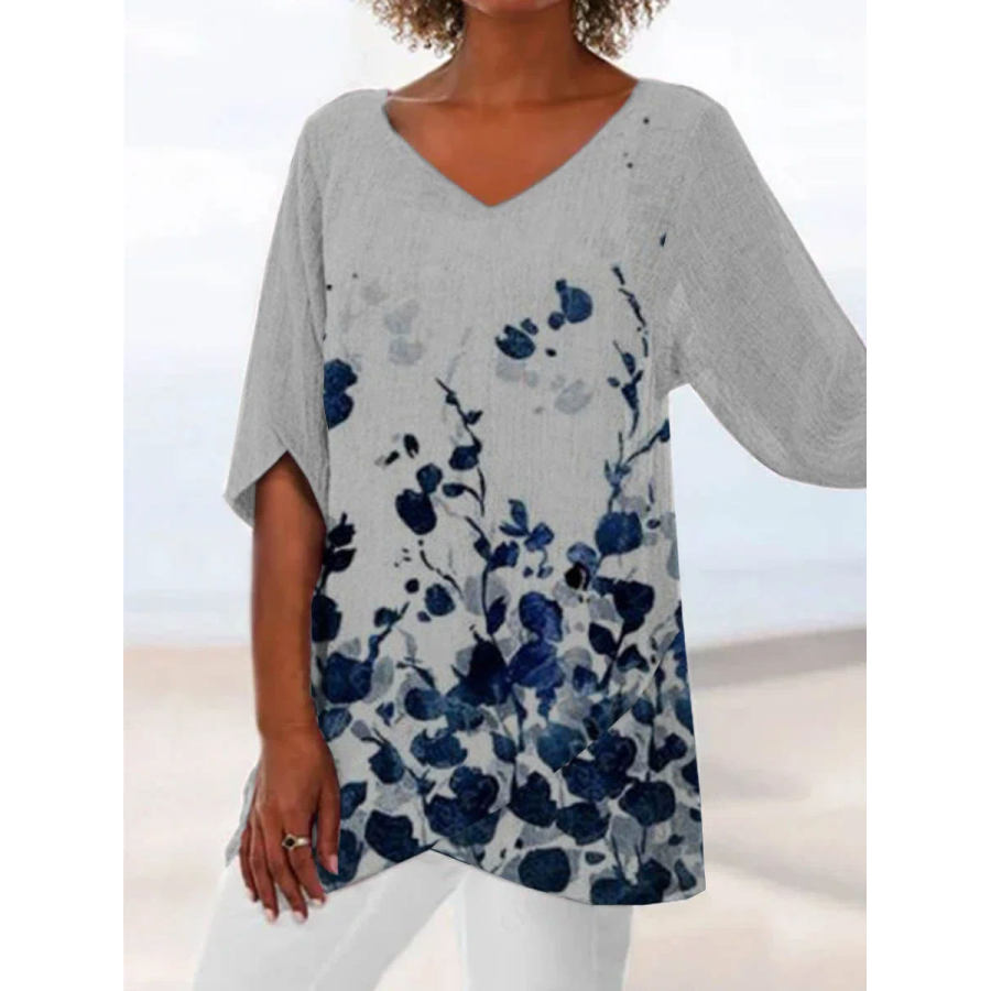 

V-neck Loose Casual Ink Floral Print Short Sleeve Blouse