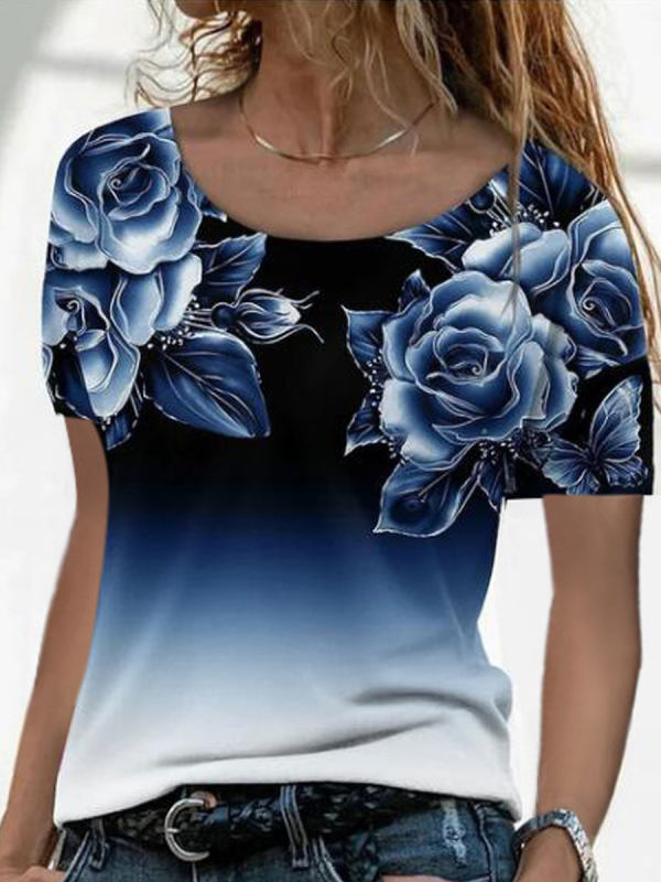 Round Neck Casual Loose Floral Print Short Sleeve T-shirt