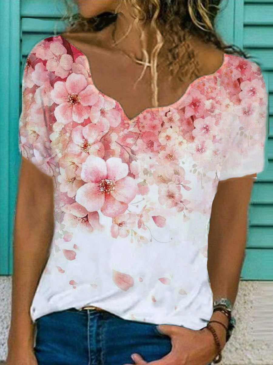 V neck Casual Loose Sakura Print Short Sleeve T shirt