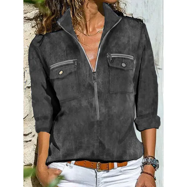 Fashion Washed Cotton Zipper Collar Shirt - Seeklit.com 