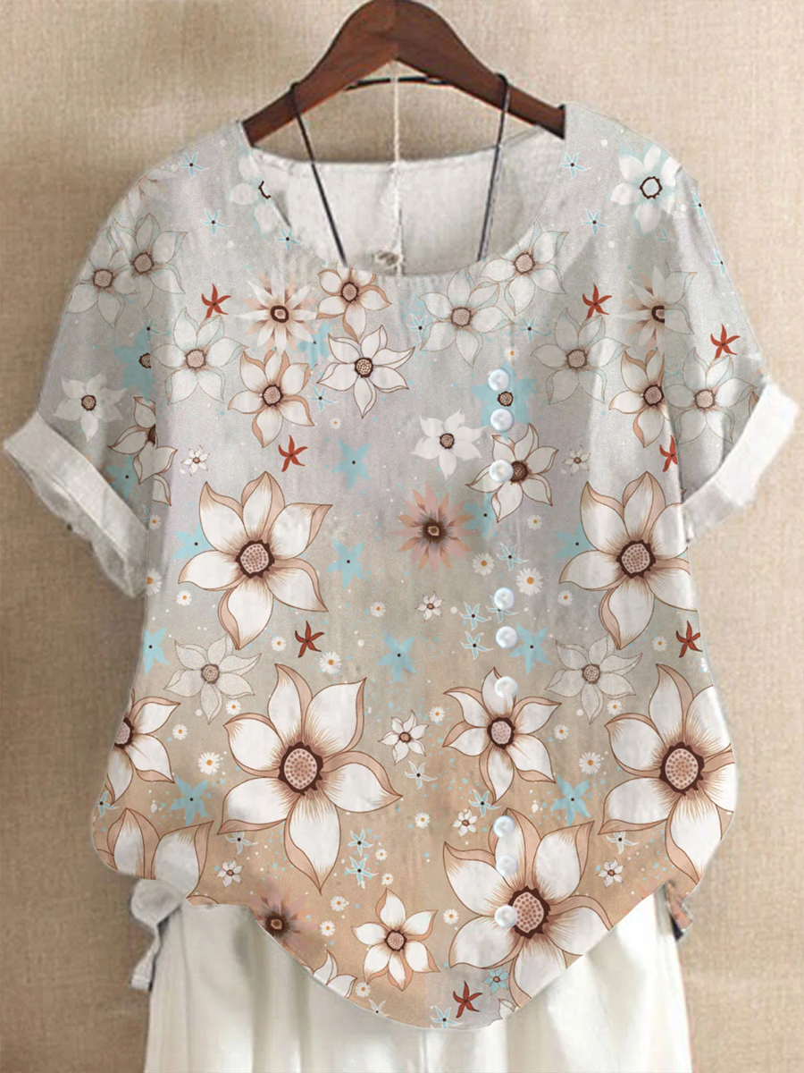 Vintage Floral Print Casual Crew Neck Short Sleeves Blouse