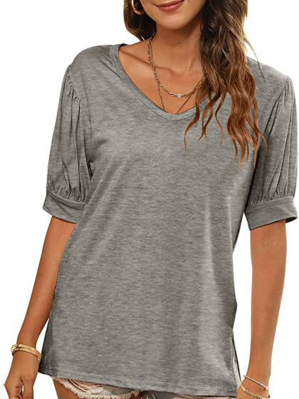 V-neck Casual Loose Solid Color Short-sleeved T-shirt