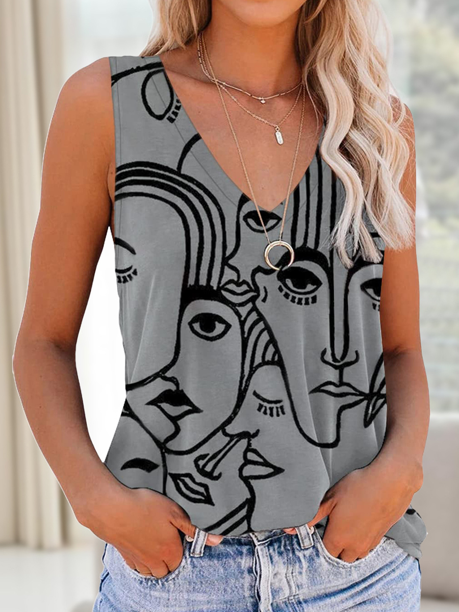 Casual Loose Printed V Neck Sleeveless Tank Top