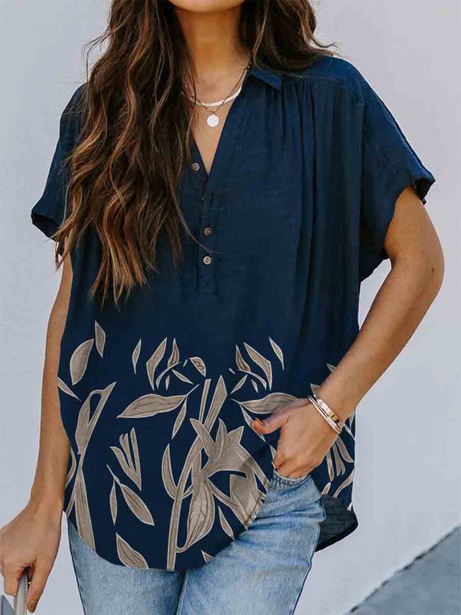 Vintage Floral Print Casual Lapel Short Sleeves Blouse