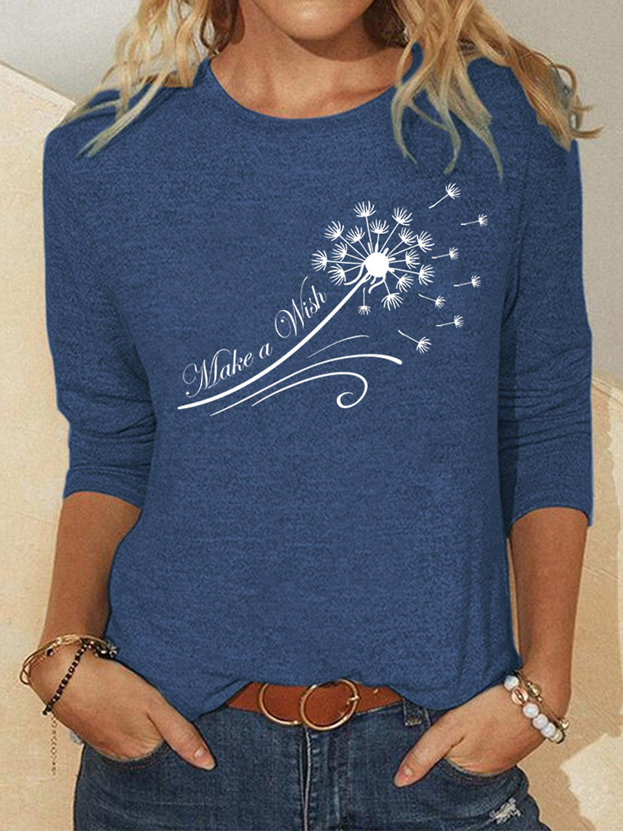Simple Dandelion Alphabet Print Casual Round Neck Long Sleeve T Shirt